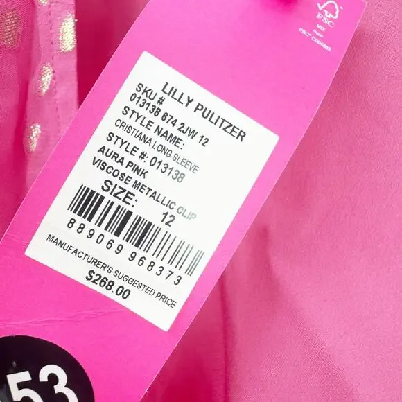Lilly Pulitzer Women's Aura Pink Cristiana Dress Long Sleeve Dress Size 12 NWT
